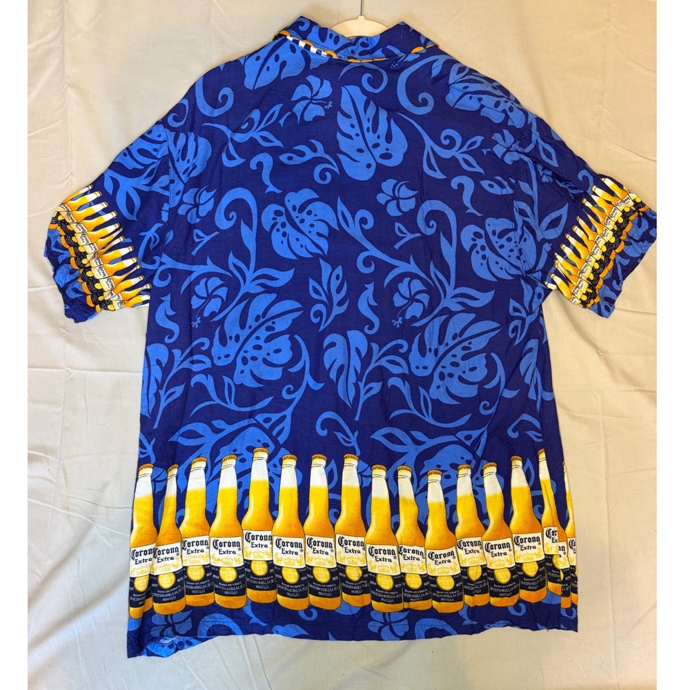 Corona Extra Mens Blue Tropical Beer Bottle Print Rayon Hawaiian Shirt XXL - Picture 2 of 8